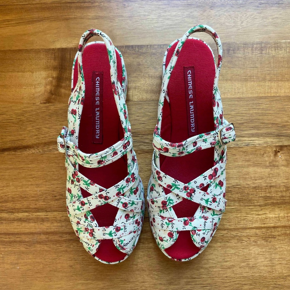 Chinese Laundry cherry print platform sandals